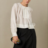 Lace Collar Shirred Long Sleeve Blouse