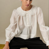 Lace Collar Shirred Long Sleeve Blouse