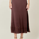 Fringe Hem Knit Midi Skirt