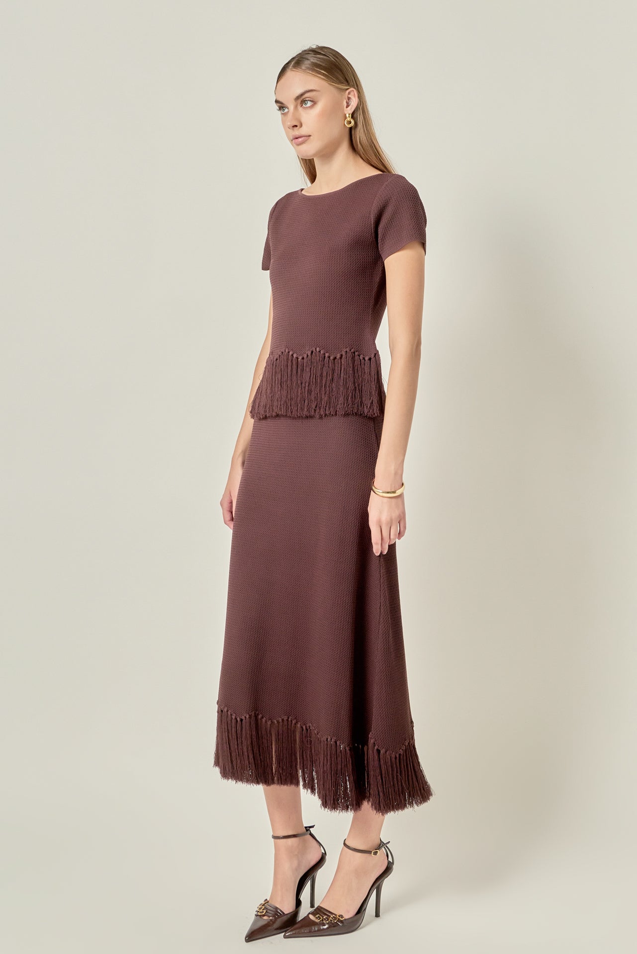Fringe Hem Knit Midi Skirt