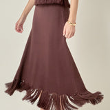 Fringe Hem Knit Midi Skirt