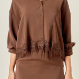 Lace Hem Button-Up Blouse
