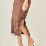 Lace Trim Satin Midi Skirt