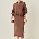 Lace Trim Satin Midi Skirt
