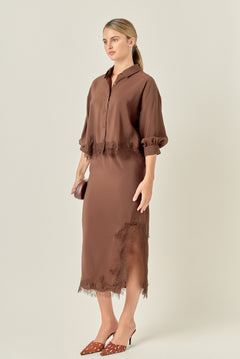 Lace Trim Satin Midi Skirt
