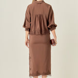 Lace Trim Satin Midi Skirt