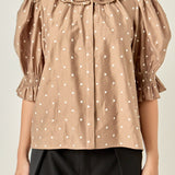 Ruffle Neck Swiss Dot Blouse