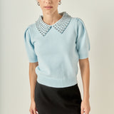 Rhinestone Collar Knit Top