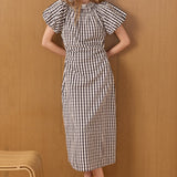 Smocked Neck Gingham Midi Dress