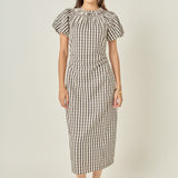 Smocked Neck Gingham Midi Dress