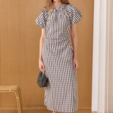 Smocked Neck Gingham Midi Dress