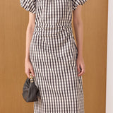 Smocked Neck Gingham Midi Dress