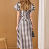 Smocked Neck Gingham Midi Dress