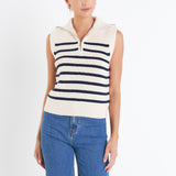 Stripe Half Zip Up Sleeveless Knit Top