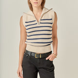 Stripe Half Zip Up Sleeveless Knit Top