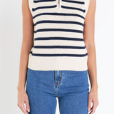 Stripe Half Zip Up Sleeveless Knit Top