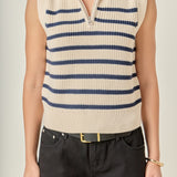 Stripe Half Zip Up Sleeveless Knit Top