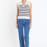 Stripe Half Zip Up Sleeveless Knit Top