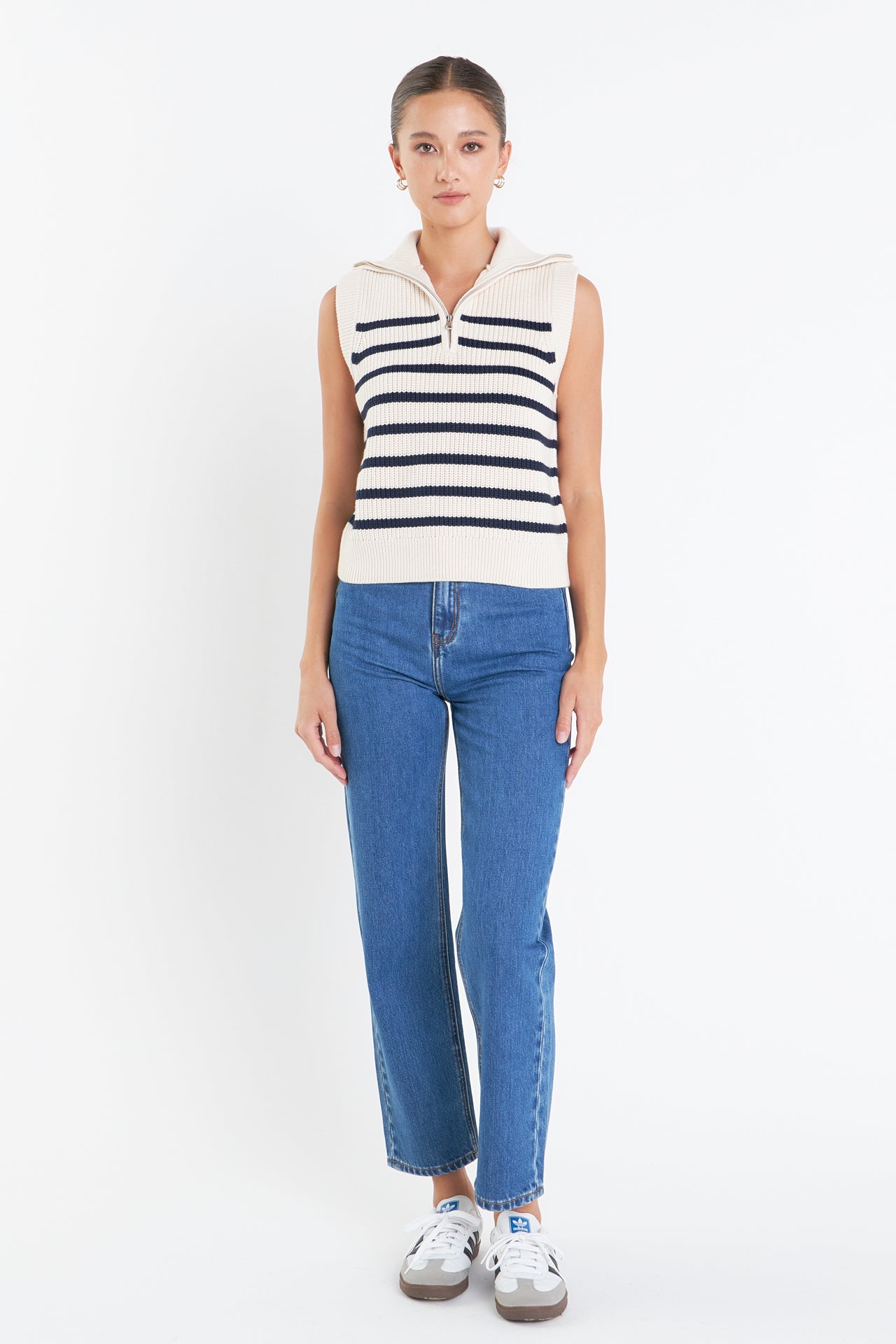 Stripe Half Zip Up Sleeveless Knit Top