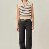 Stripe Half Zip Up Sleeveless Knit Top