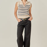 Stripe Half Zip Up Sleeveless Knit Top