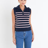 Stripe Half Zip Up Sleeveless Knit Top