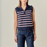 Stripe Half Zip Up Sleeveless Knit Top