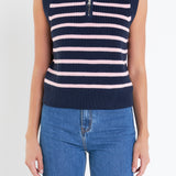 Stripe Half Zip Up Sleeveless Knit Top