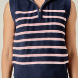 Stripe Half Zip Up Sleeveless Knit Top