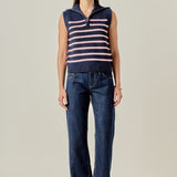 Stripe Half Zip Up Sleeveless Knit Top