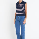 Stripe Half Zip Up Sleeveless Knit Top