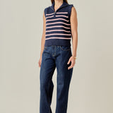 Stripe Half Zip Up Sleeveless Knit Top