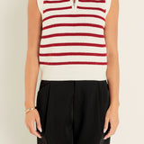 Stripe Half Zip Up Sleeveless Knit Top