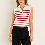 Stripe Half Zip Up Sleeveless Knit Top