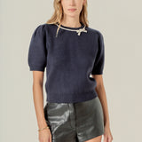 Puff Sleeve Rhinestone Bow Knit