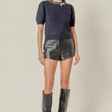 Puff Sleeve Rhinestone Bow Knit