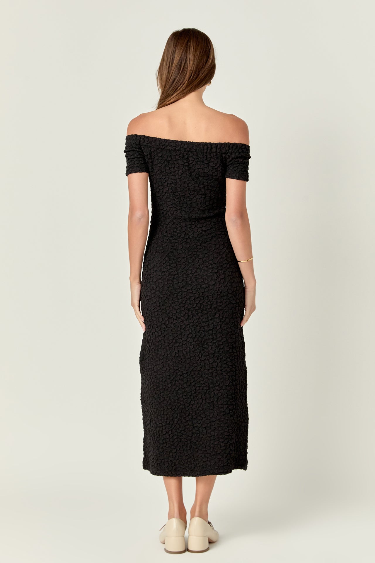 english factory short-sleeve textured midi dress English Factory Women's Smocked Midi Dress
