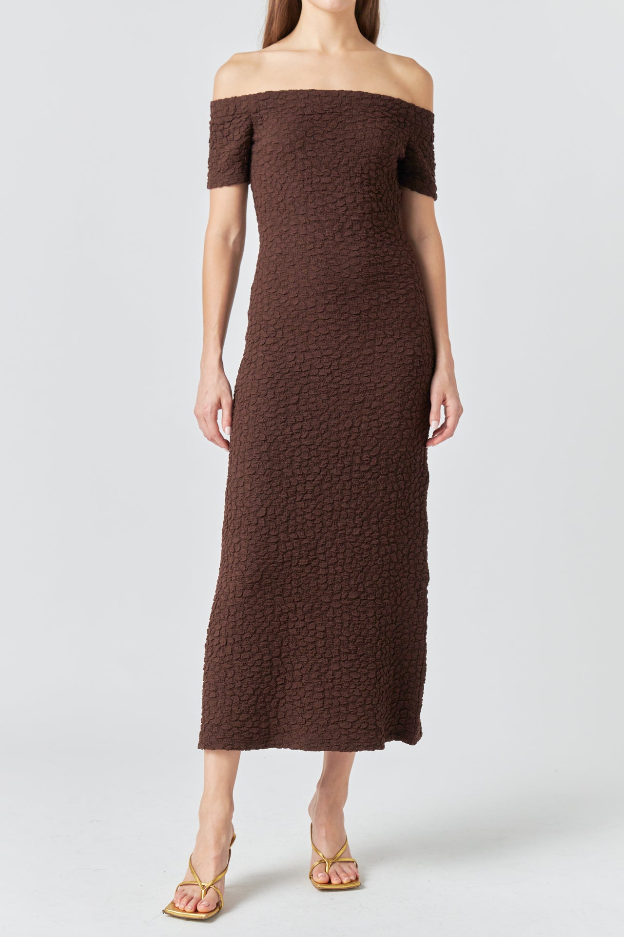 brown off the shoulder midi dress Brown Off Shoulder Fitted Maternity Midi Dress