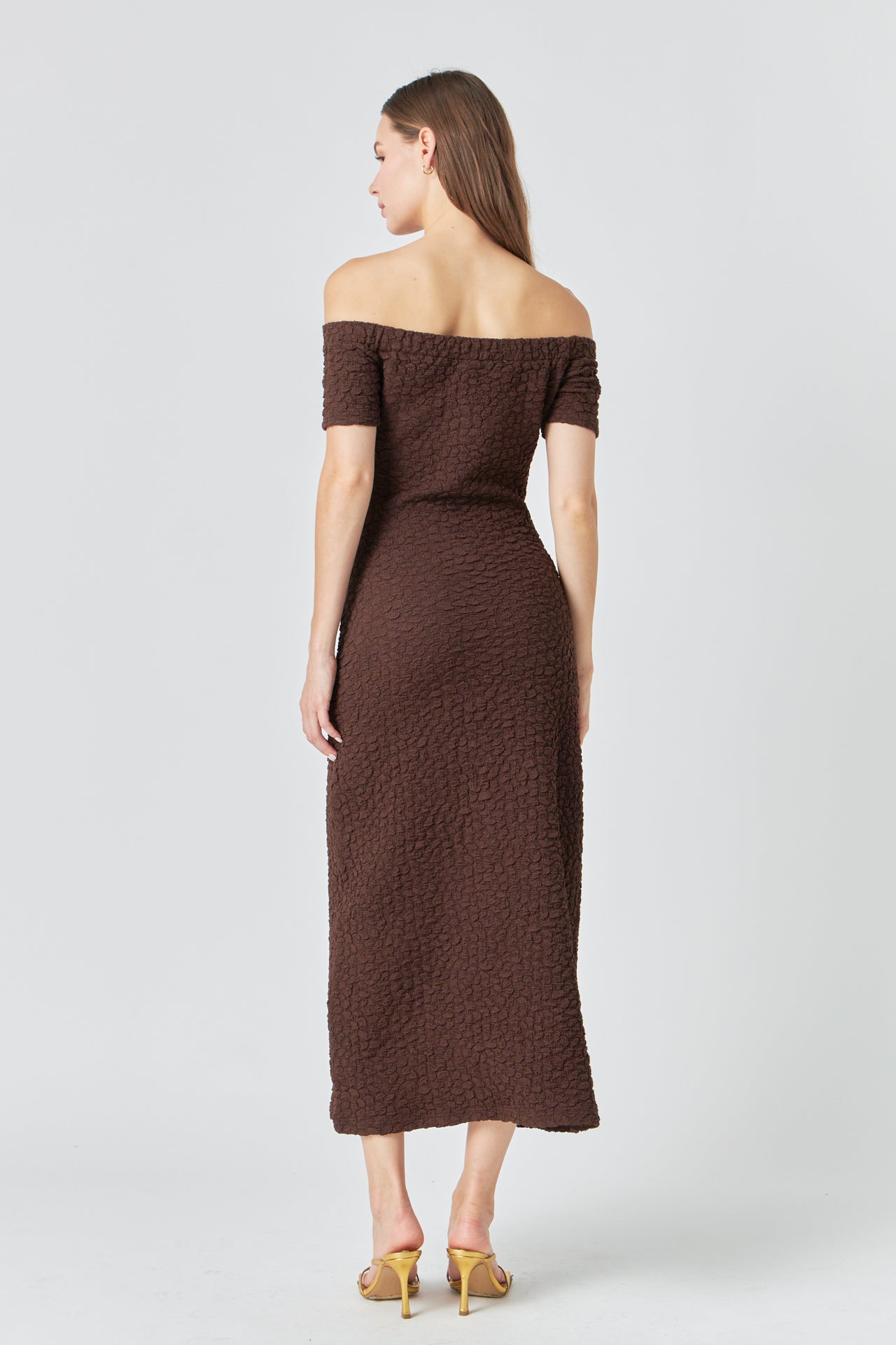 english factory off-the-shoulder textured midi dress Textured Off the Shoulder Midi Dress (Women)