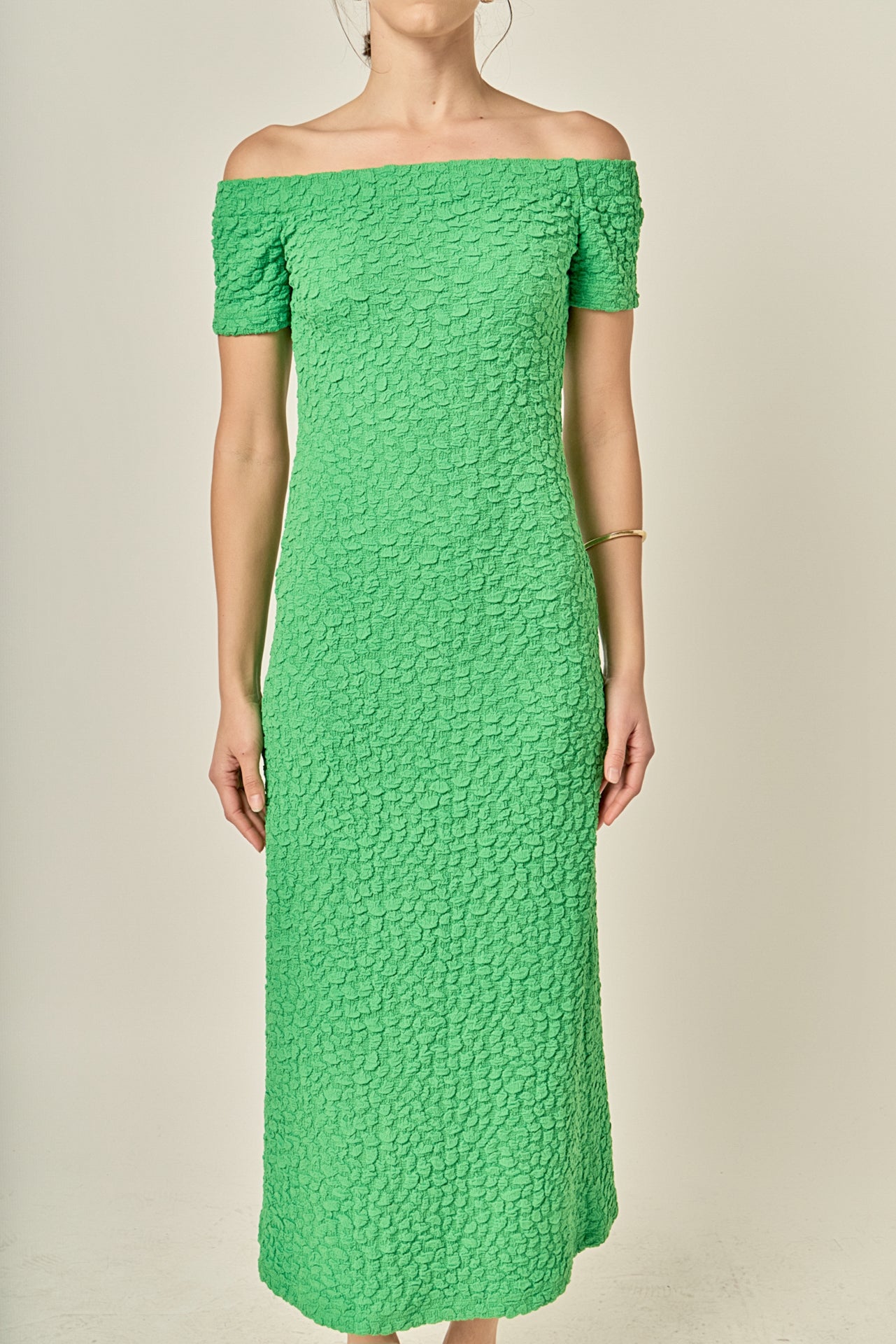 english factory off-the-shoulder textured midi dress English Factory Off-The-Shoulder Midi Dress