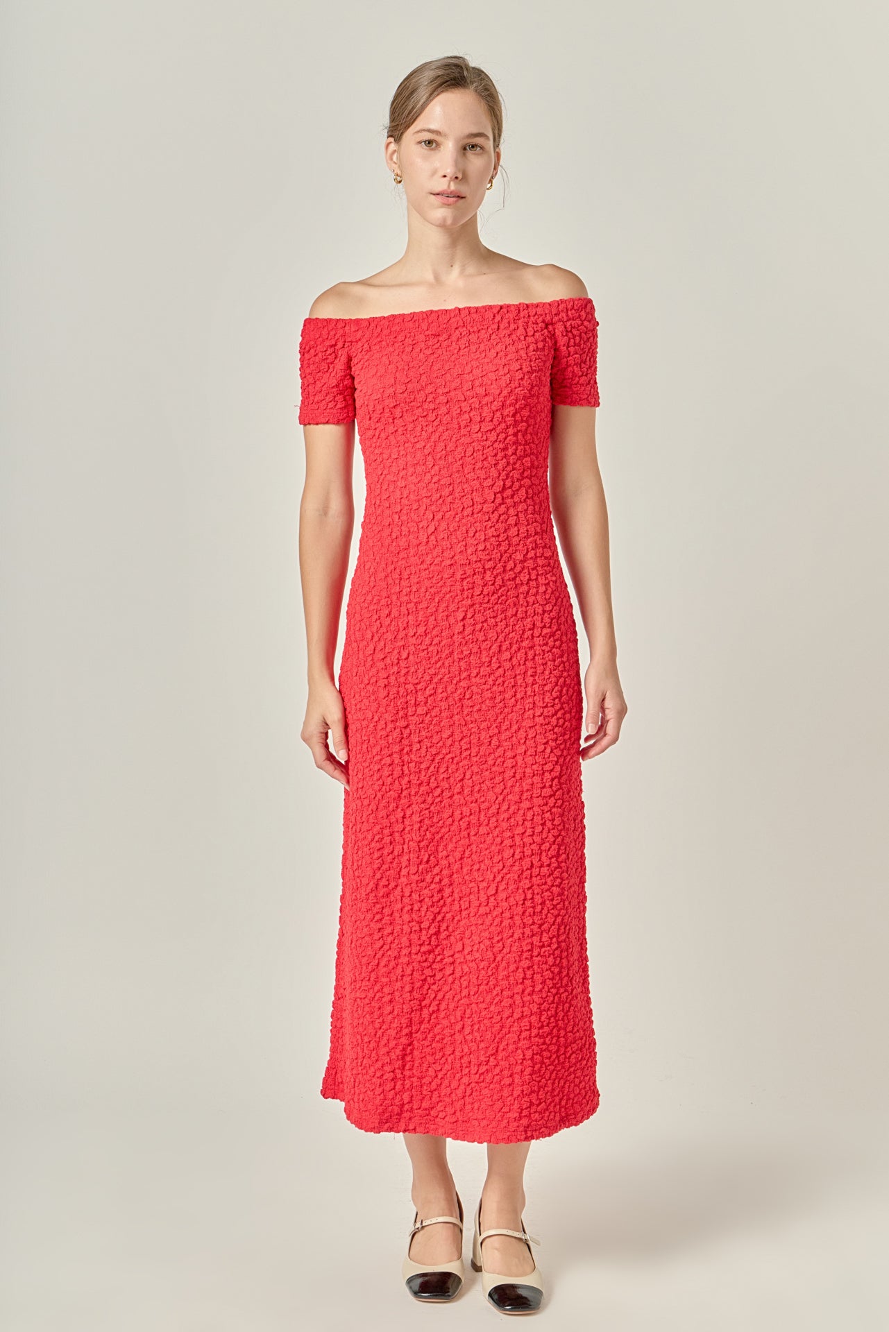 english factory short-sleeve textured midi dress English Factory Women's Textured Midi Dress