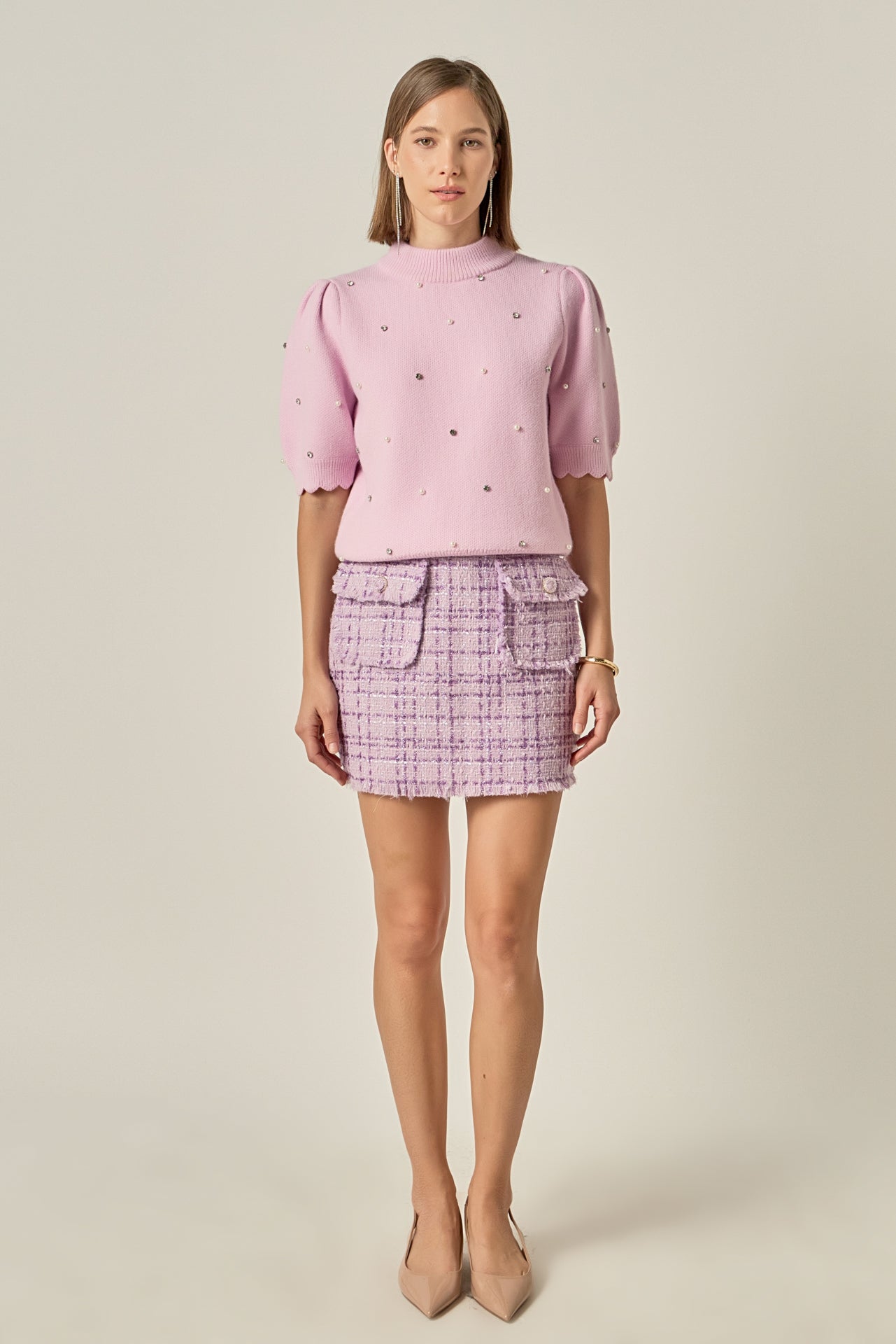 Scalloped Puff Sleeve Embellishment Knit