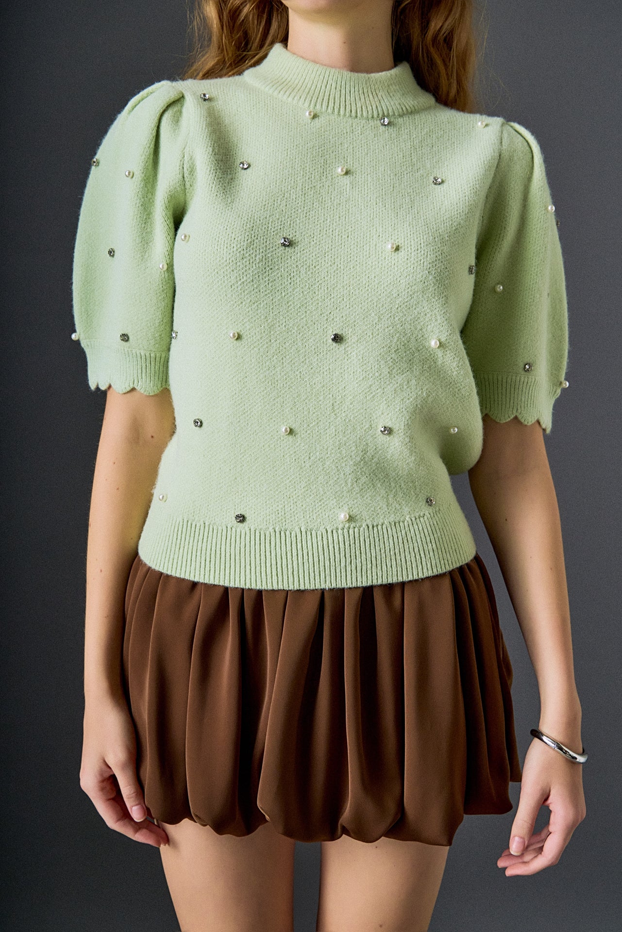 Scalloped Puff Sleeve Embellishment Knit for Women – English Factory