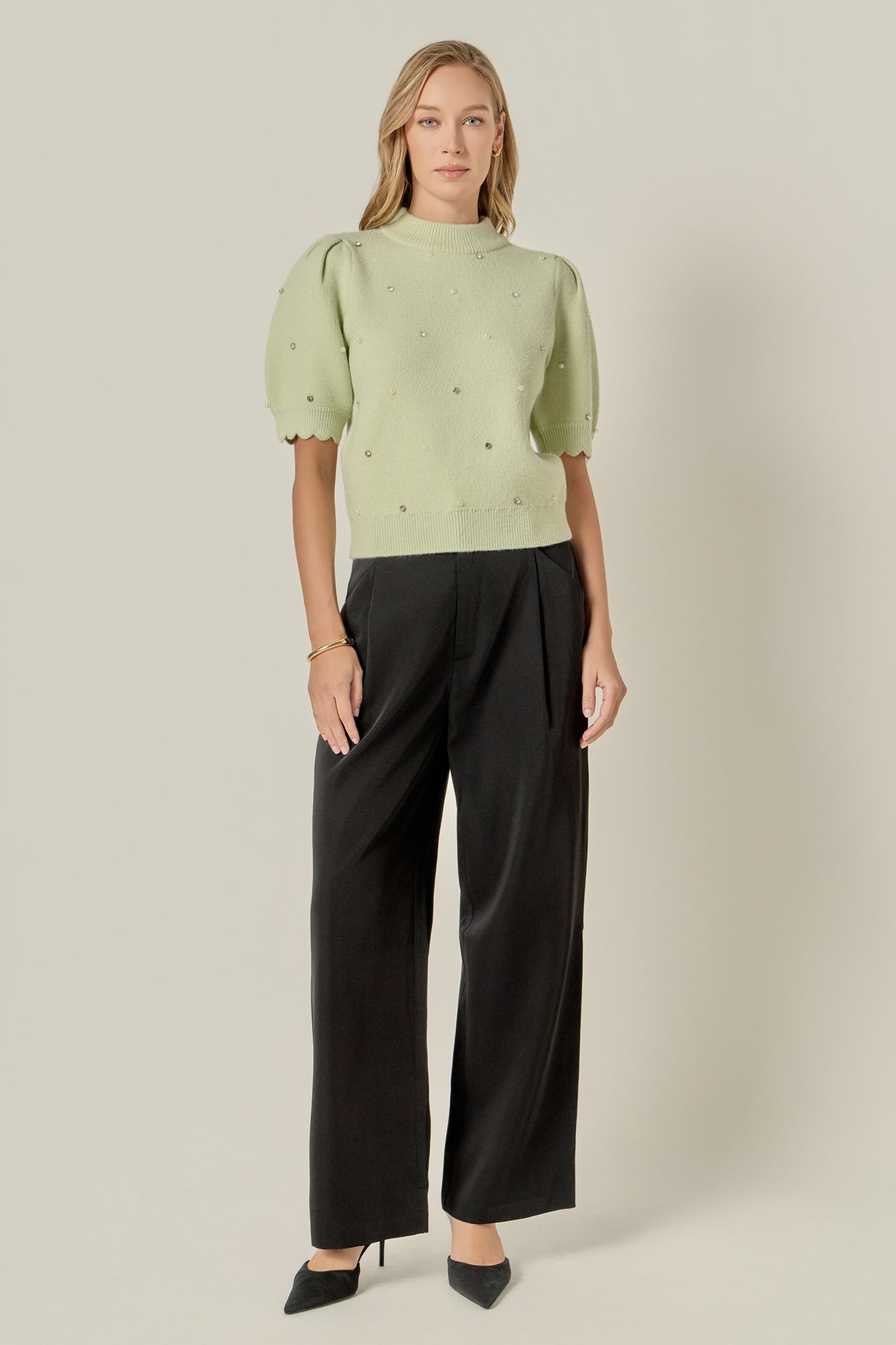 Scalloped Puff Sleeve Embellishment Knit
