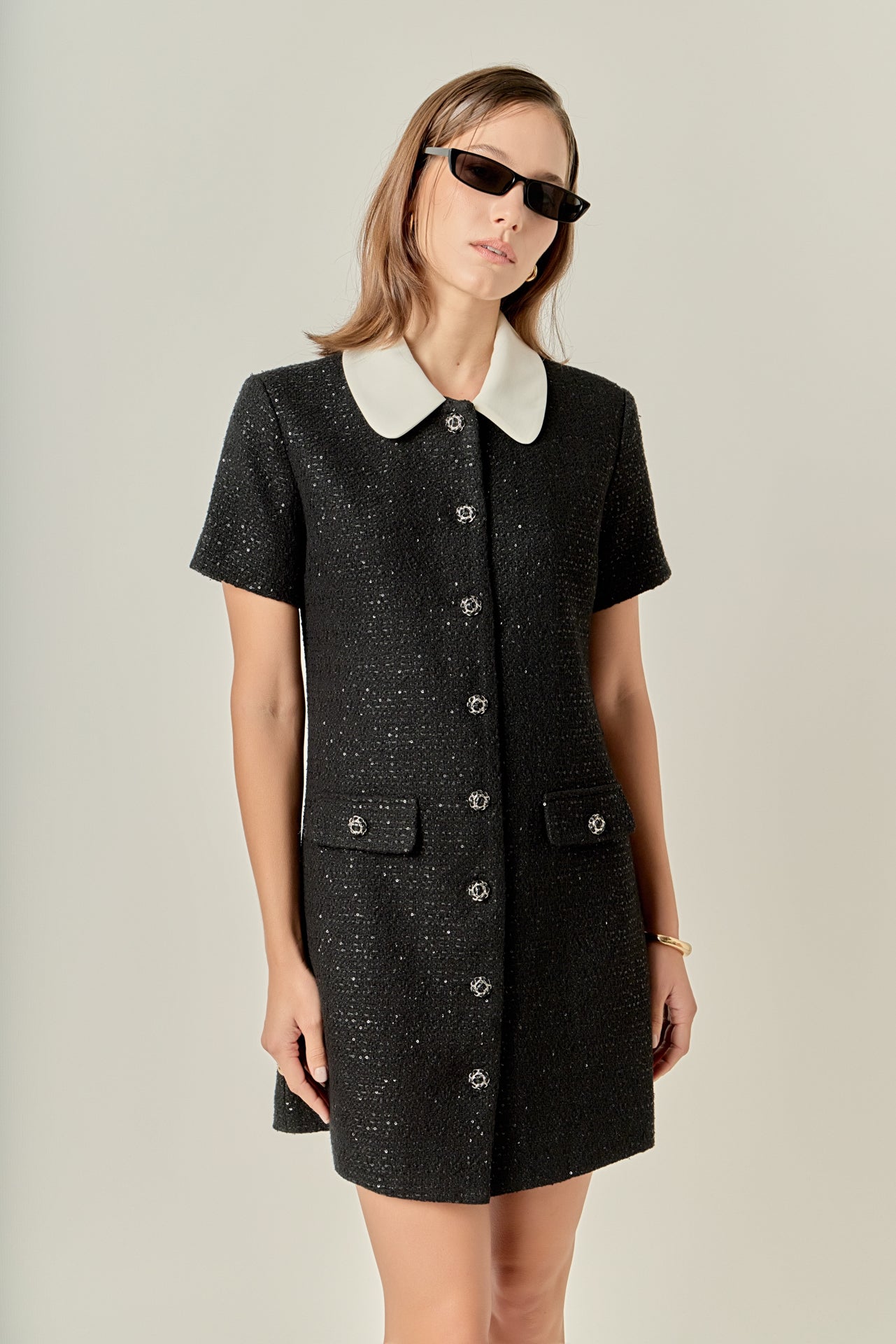 English Factory - Collar Pointed Tweed Mini Dress Black / XS English Factory - Collar Pointed Tweed Mini Dress Black / XS