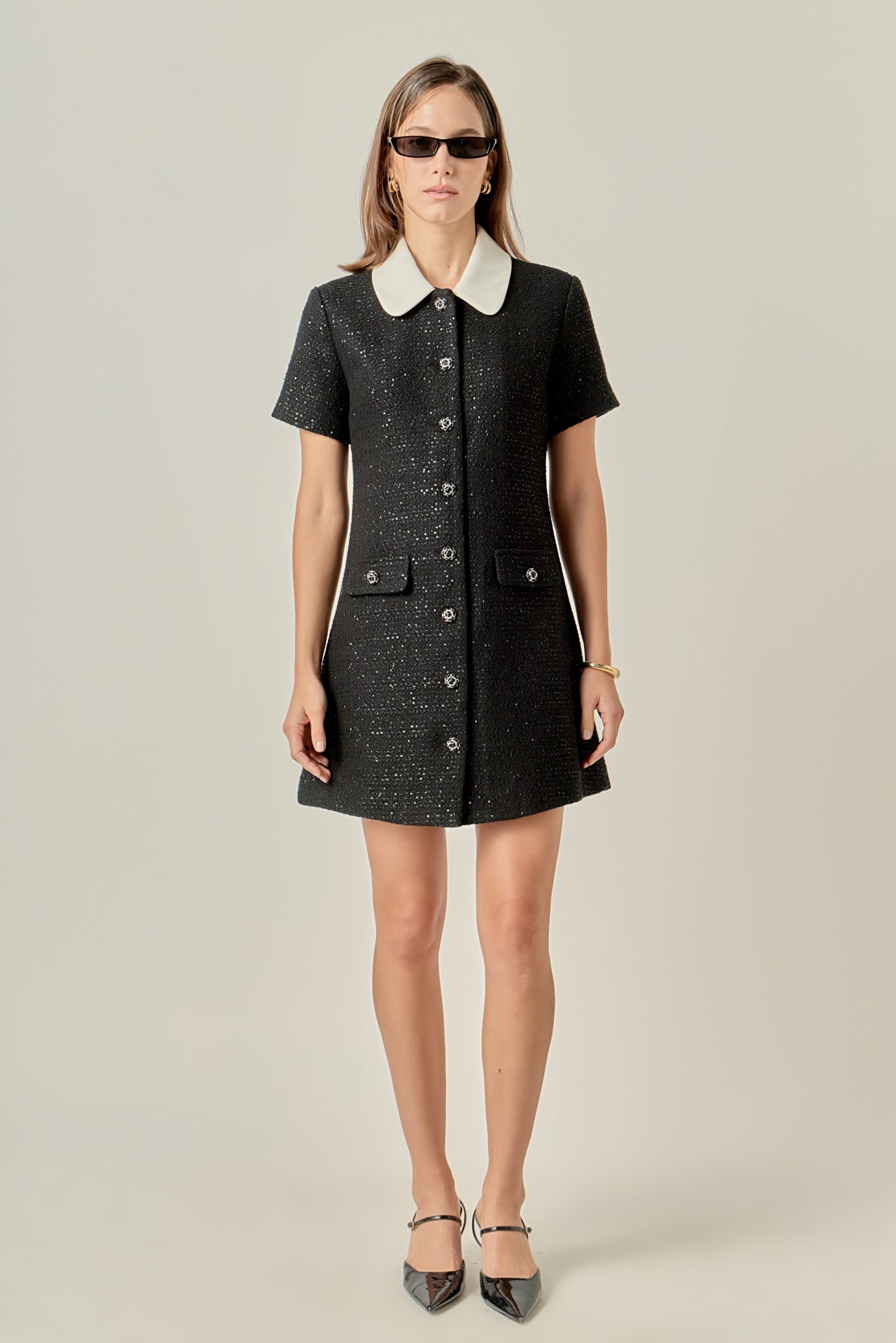 English Factory - Collar Pointed Tweed Mini Dress Black / XS English Factory - Collar Pointed Tweed Mini Dress Black / XS