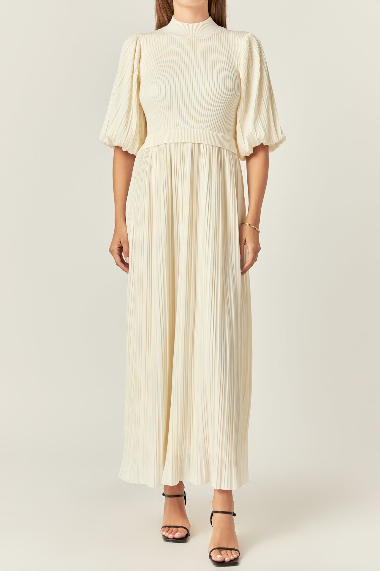 english factory long-sleeve collared center-pleat a-line midi dress Pleated Collared Long Sleeve Midi Dress