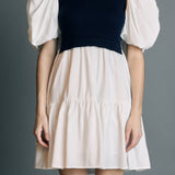 Mixed Media Puff Short Sleeve Mini Dress
