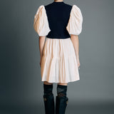 Mixed Media Puff Short Sleeve Mini Dress