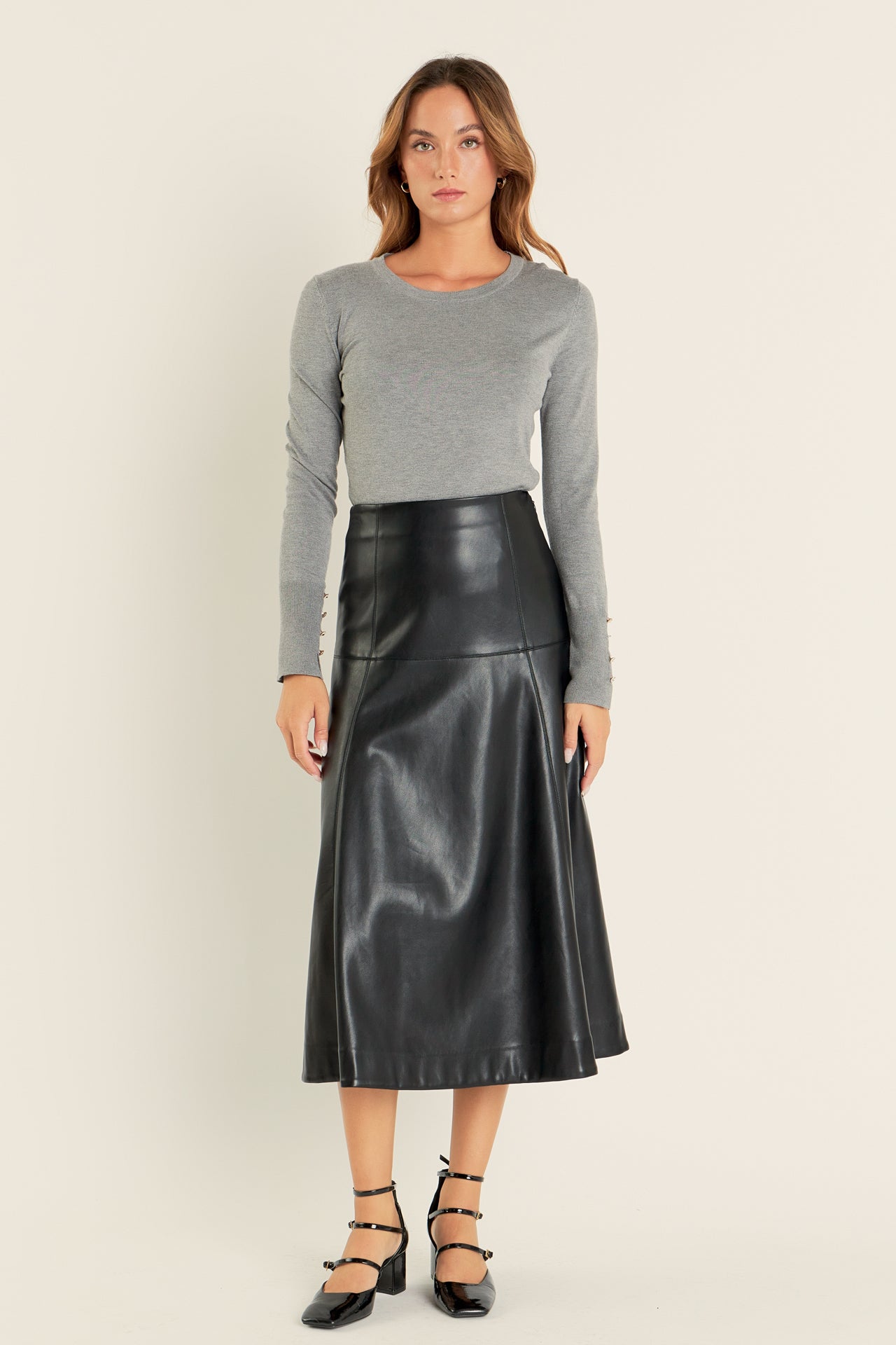 PU High Waisted Midi Skirt